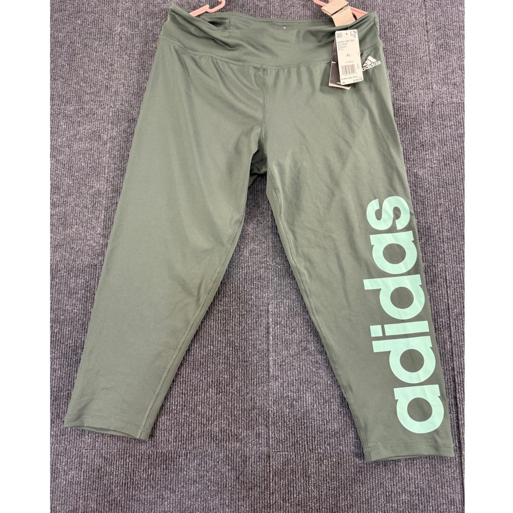 Adidas Womens Climalite 3/4 Mix Fab Tights Olive Green Logo Leggings XL EC1616